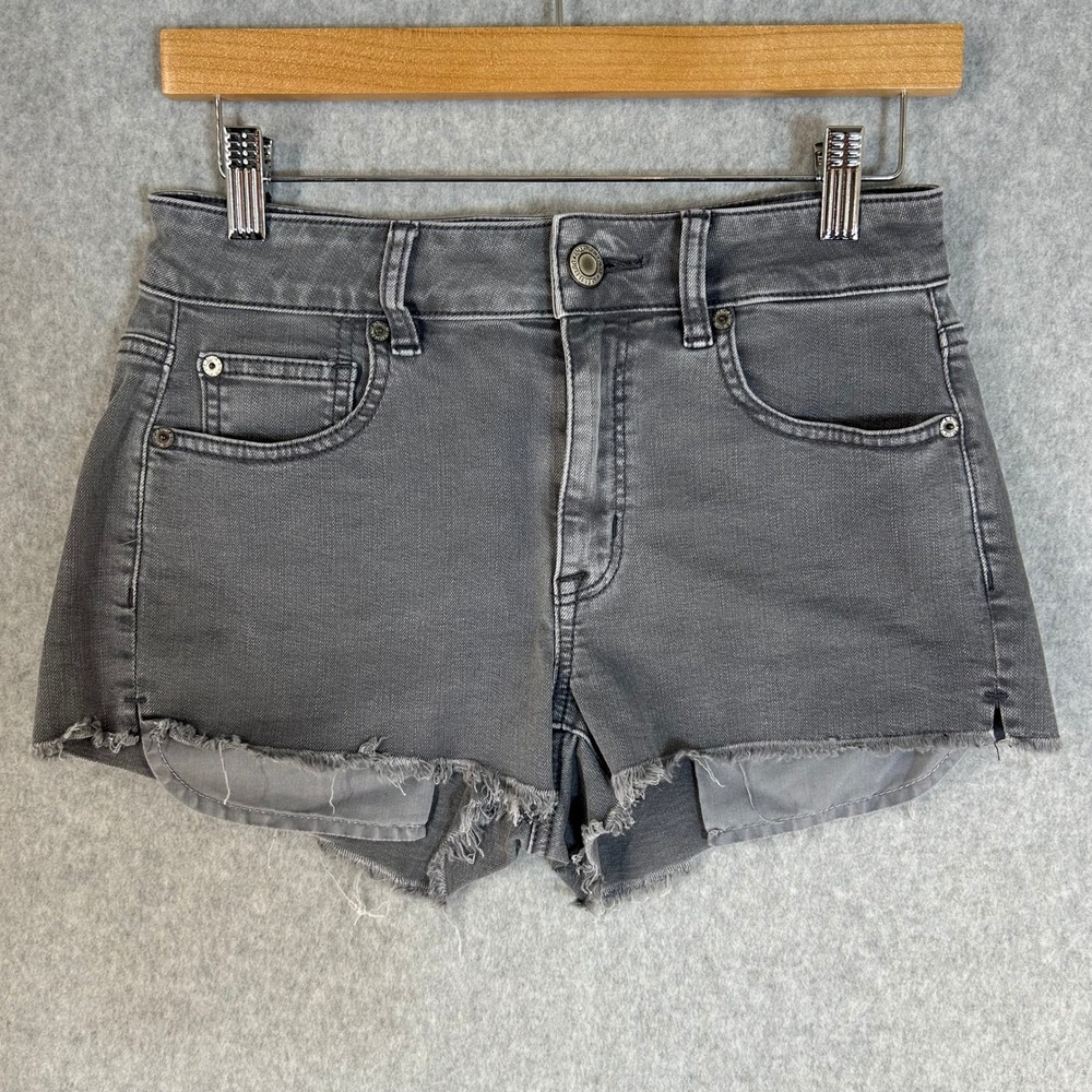 American Eagle Hi-Rise Shortie Gray Denim‎ Frayed Raw Hem Jean Shorts Womens 4